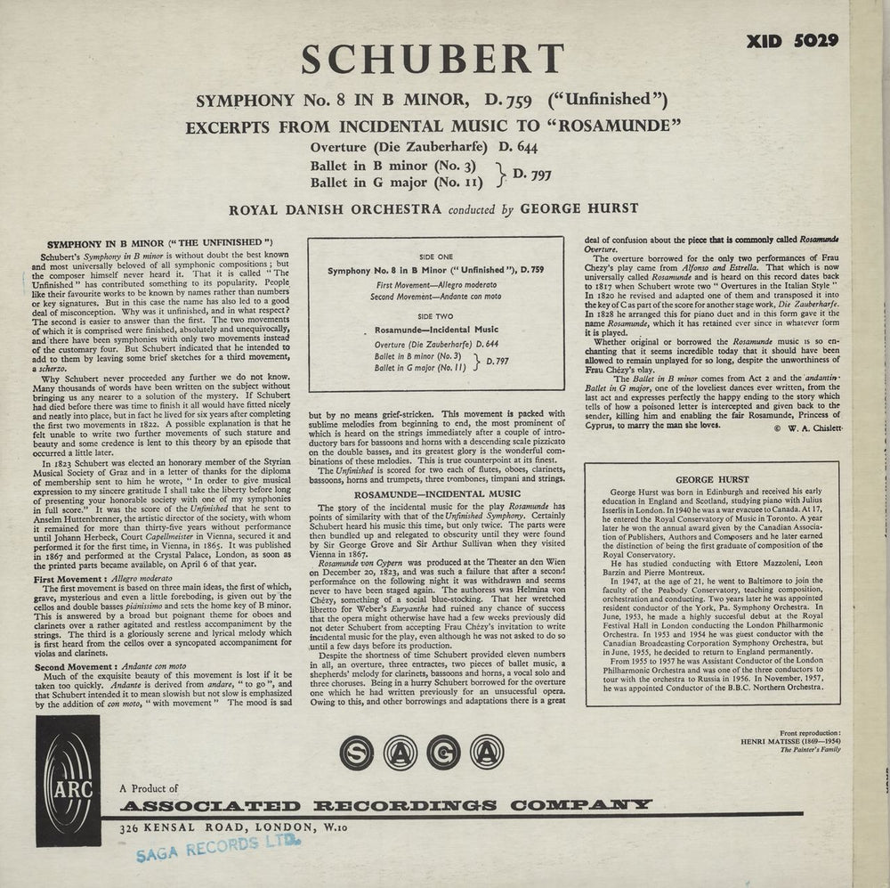 Franz Schubert Symphony No. 8 in B Minor ("Unfinished") / Excepts From Incidental Music to "Rosamunde" UK vinyl LP album (LP record)