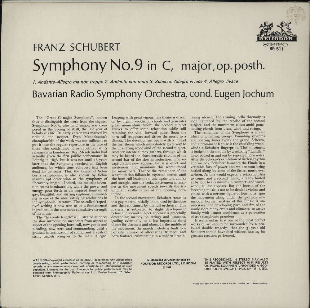 Franz Schubert Symphony No. 9 In C, Major, Op. Posth. UK vinyl LP album (LP record)