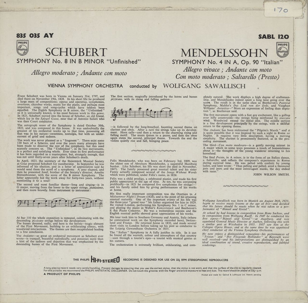 Franz Schubert Unfinished Symphony / Italian Symphony UK vinyl LP album (LP record)