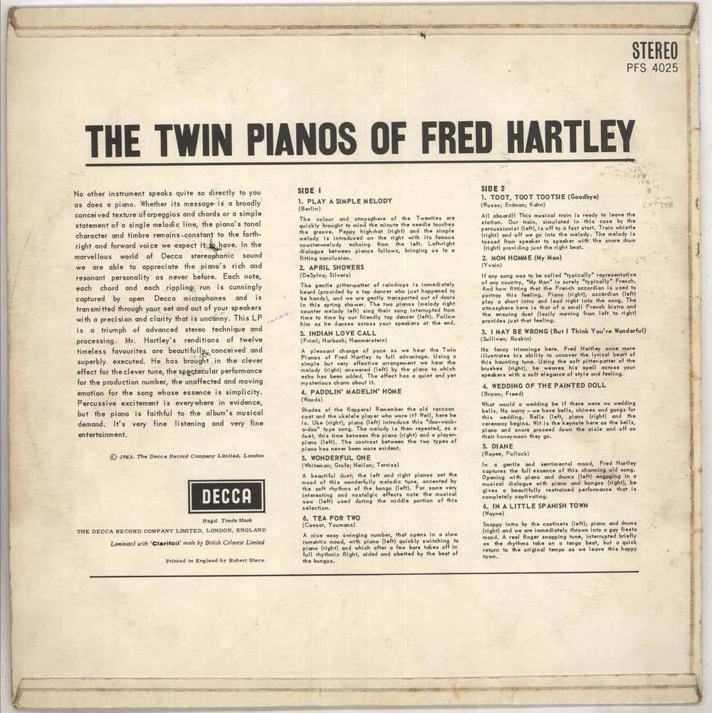 Fred Hartley The Twin Pianos Of Fred Hartley UK vinyl LP album (LP record)