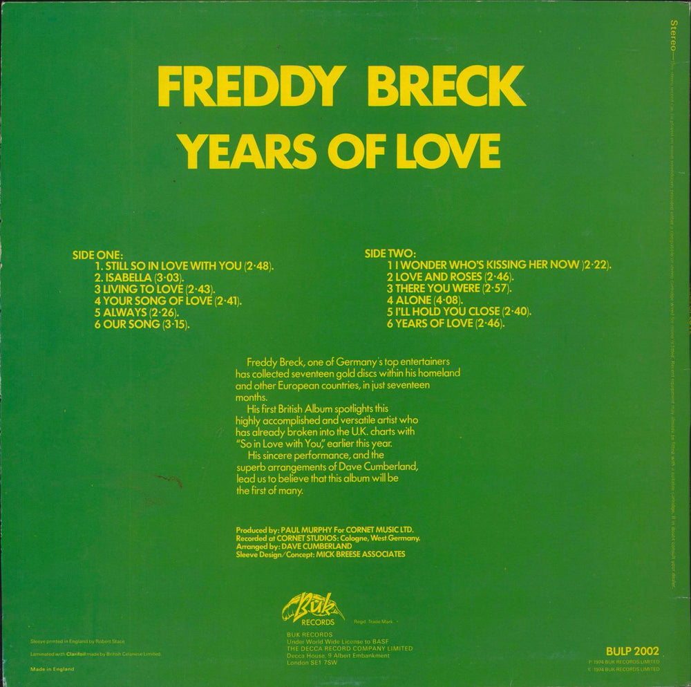 Freddy Breck Years Of Love UK vinyl LP album (LP record)