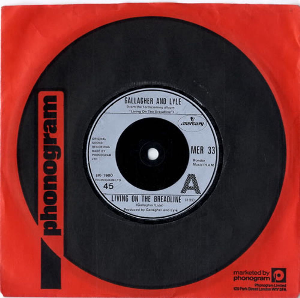 Gallagher And Lyle Living On The Breadline UK 7" vinyl single (7 inch record / 45) MER33