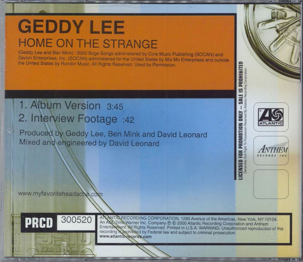 Geddy Lee Home On The Strange US Promo CD single (CD5 / 5")