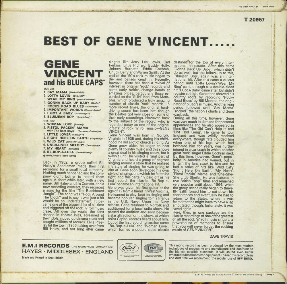 Gene Vincent Best Of Gene Vincent UK vinyl LP album (LP record)