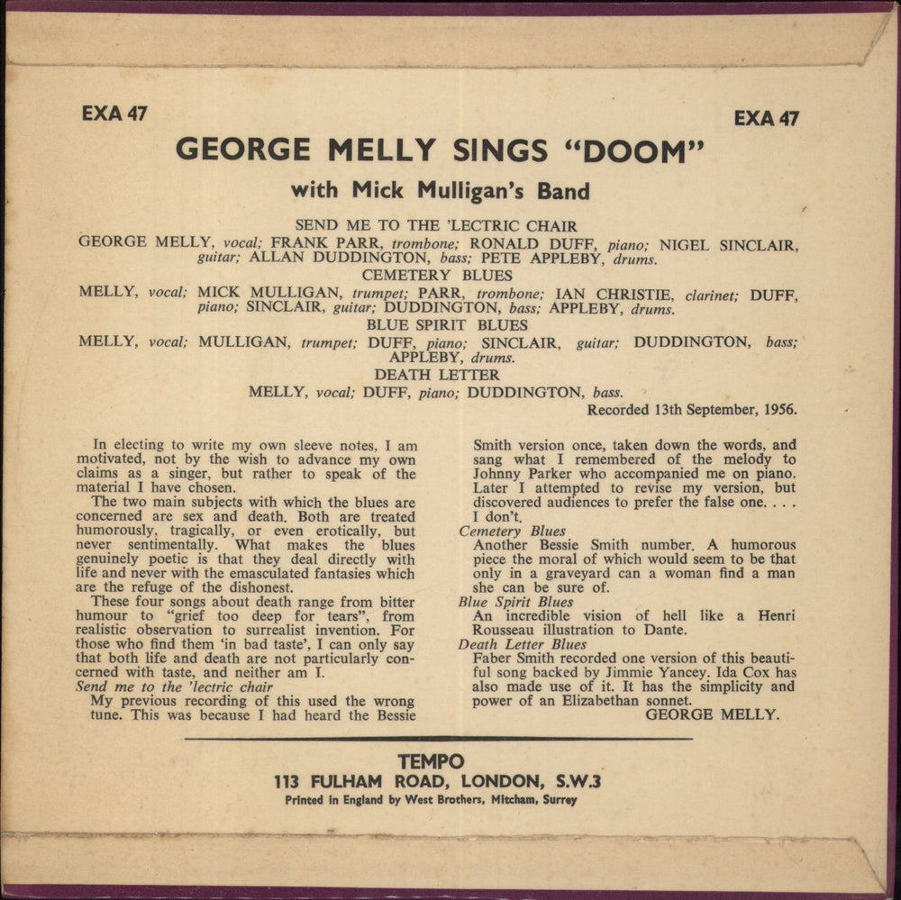 George Melly George Melly Sings Doom UK 7" vinyl single (7 inch record / 45)