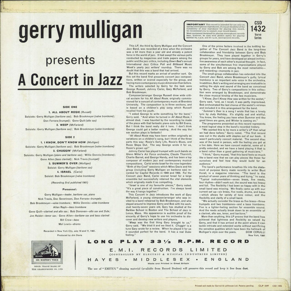 Gerry Mulligan Gerry Mulligan Presents A Concert In Jazz UK vinyl LP album (LP record)