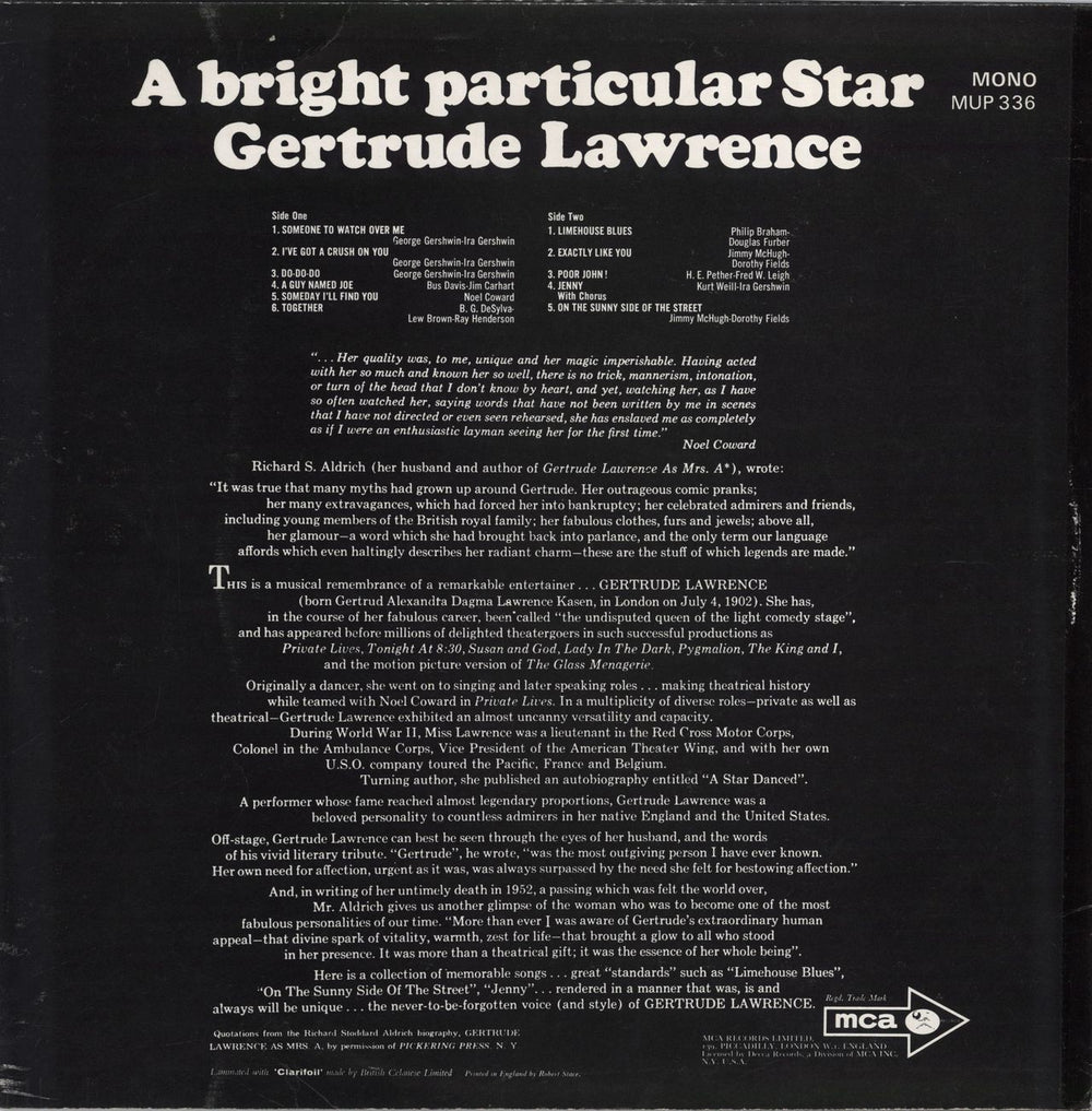 Gertrude Lawrence A Bright Particular Star UK vinyl LP album (LP record)