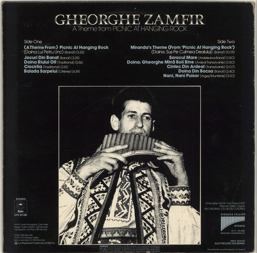 Gheorghe Zamfir A Theme From Picnic At Hanging Rock UK vinyl LP album (LP record)