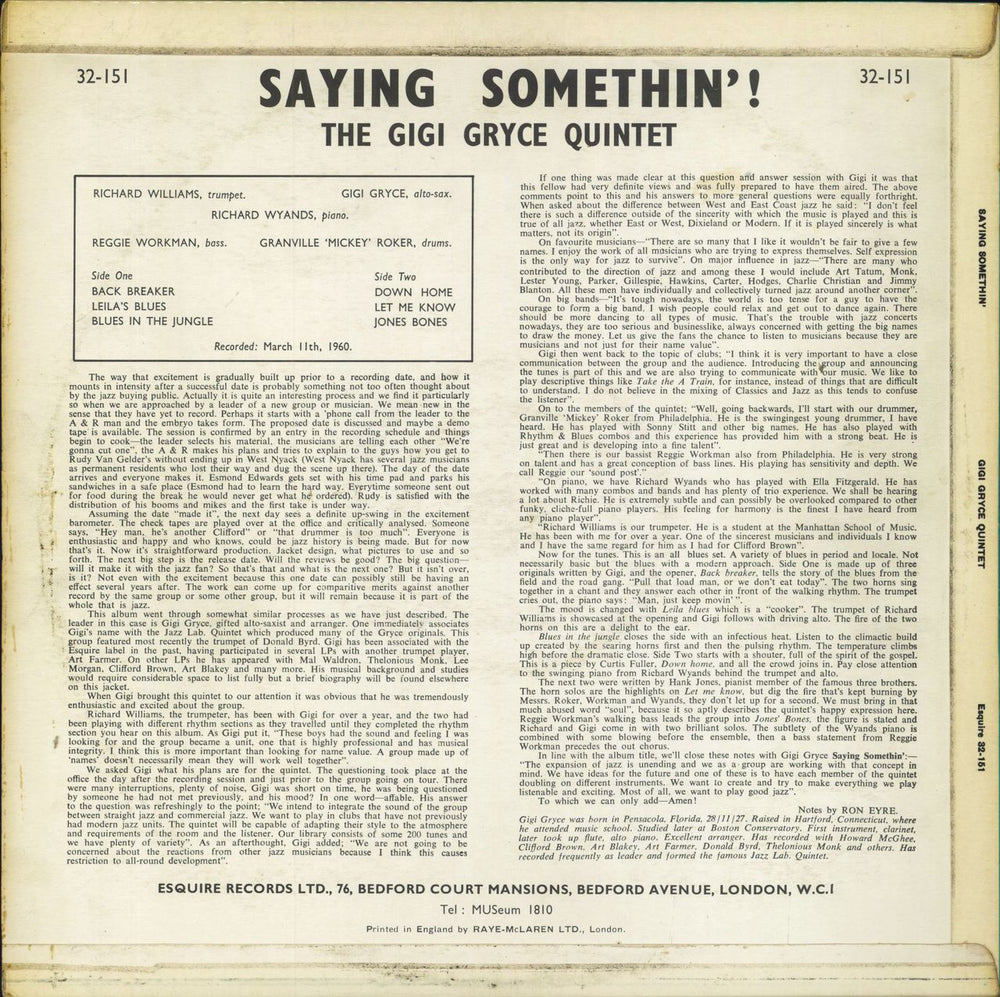 Gigi Gryce Saying Somethin'! - 1st - VG+ UK vinyl LP album (LP record)