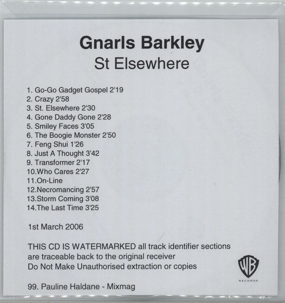 Gnarls Barkley St. Elsewhere UK Promo CD-R acetate CD-R