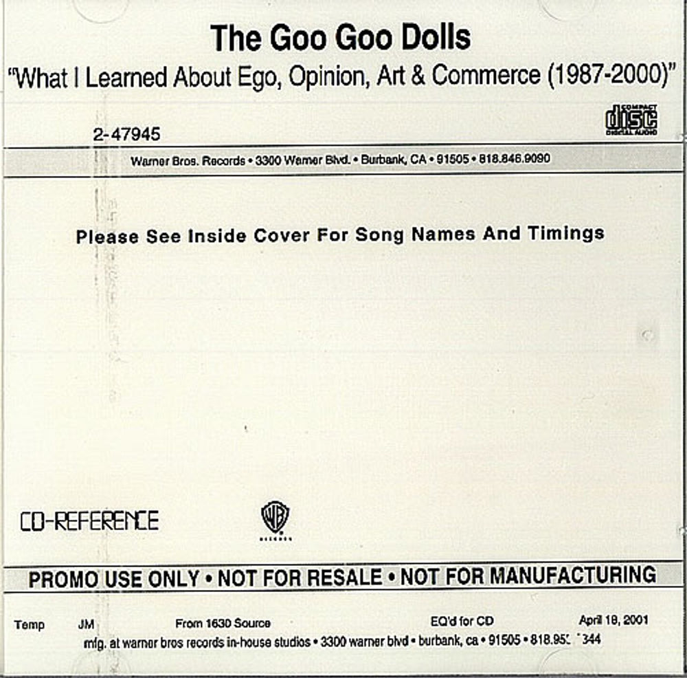 Goo Goo Dolls What I Learned About Ego..... US Promo CD-R acetate CD ACETATE