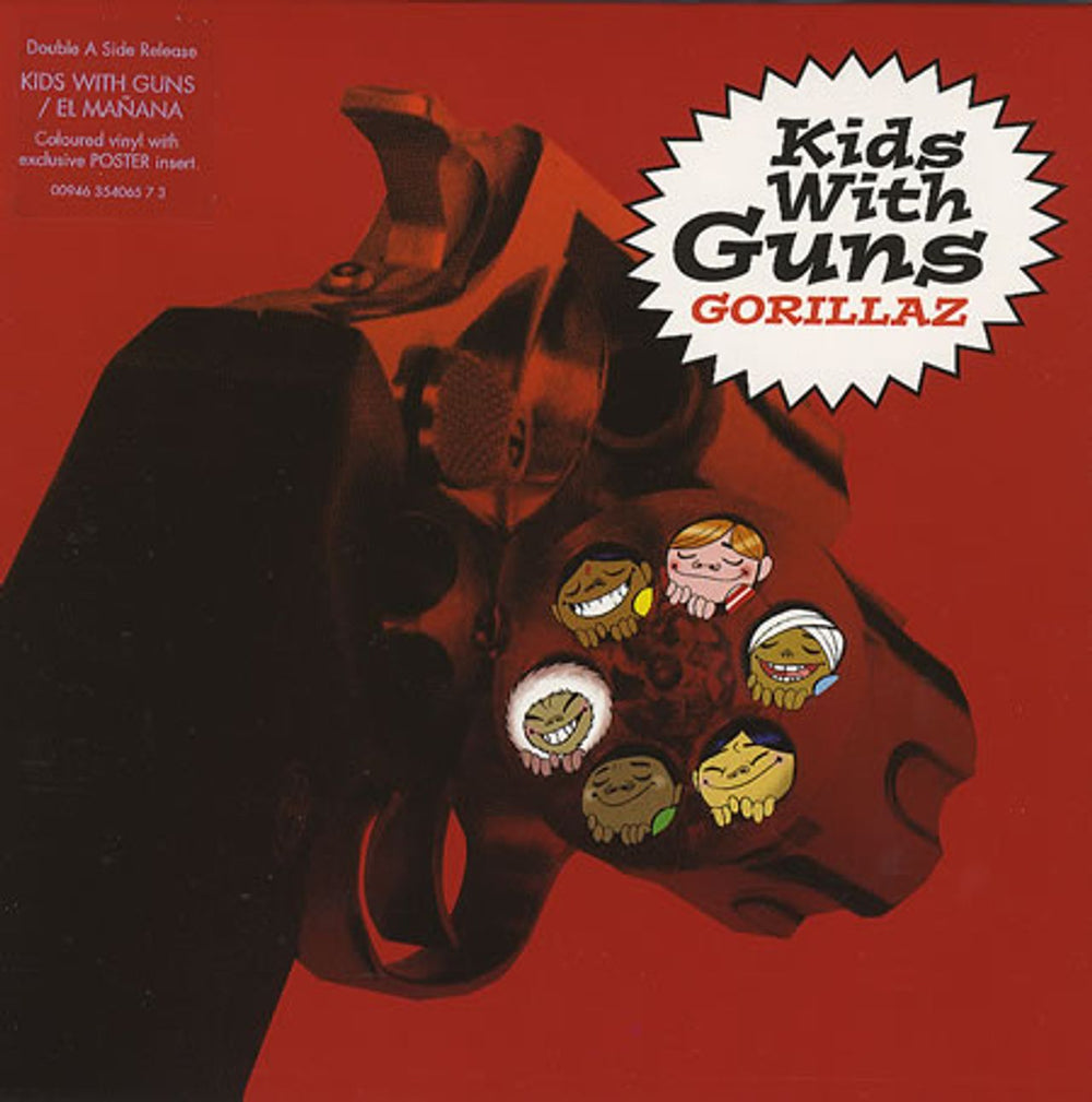 Gorillaz Kids With Guns / El Mañana - Red Vinyl + Poster UK 7" vinyl single (7 inch record / 45) R6685