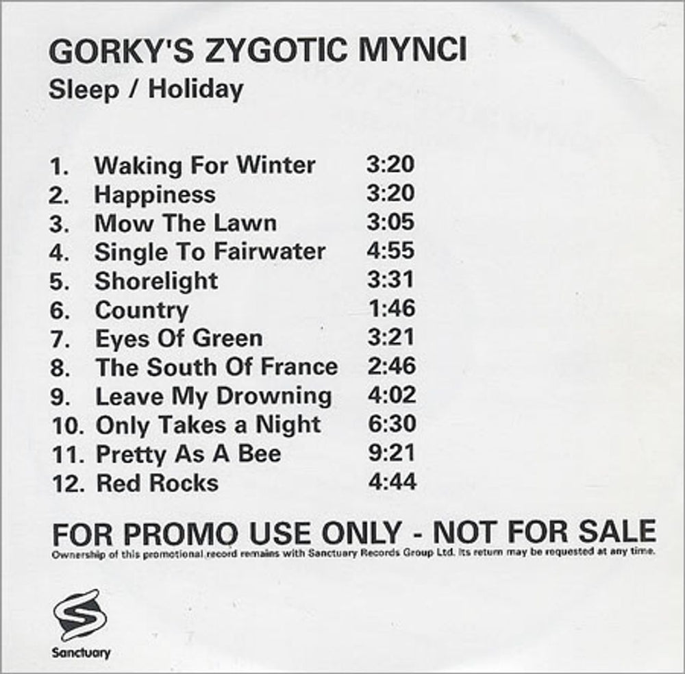 Gorky's Zygotic Mynci Sleep/Holiday UK Promo CD-R acetate CD-R ACETATE