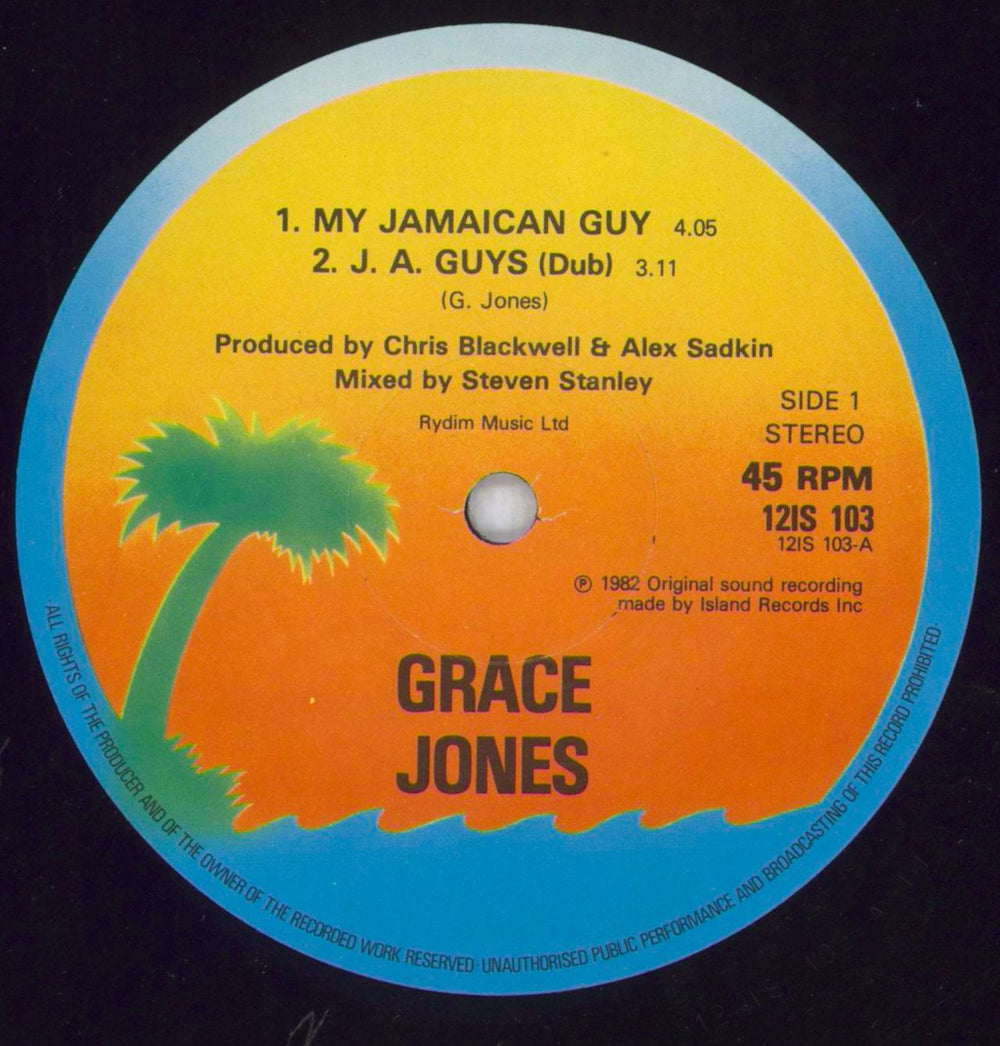 Grace Jones My Jamaican Guy - hype sticker UK 12" vinyl single (12 inch record / Maxi-single) GJO12MY819376