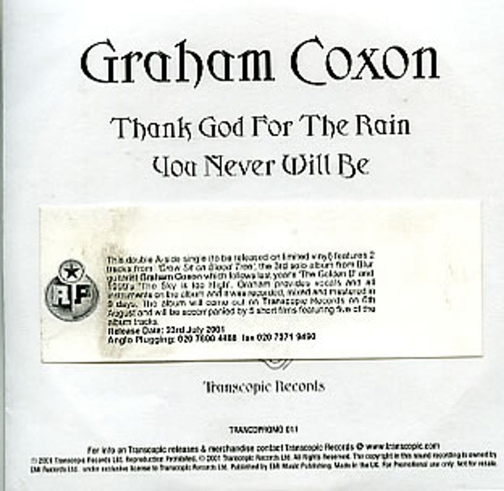 Graham Coxon Thank God For The Rain/You Never Will Be UK Promo CD-R acetate TRANCDPROMO011