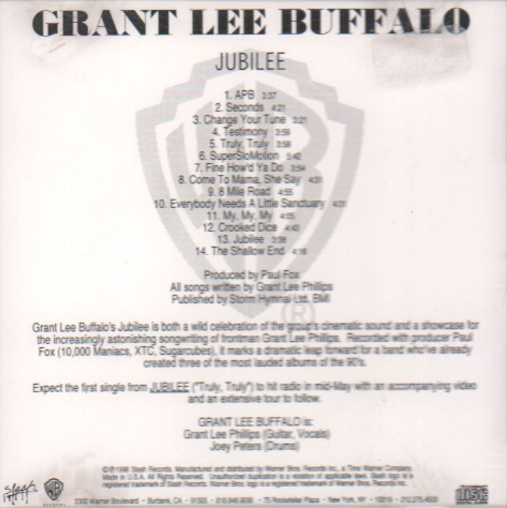 Grant Lee Buffalo Jubilee US Promo CD album (CDLP) 46879-PRE