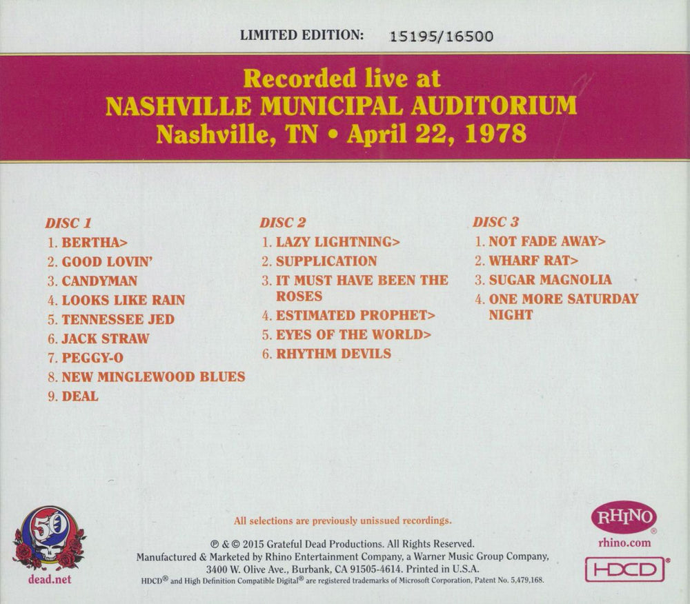 Grateful Dead Dave's Picks Volume 15: Municipal Auditorium, Nashville, TN 4/22/78 US 3-CD album set (Triple CD)