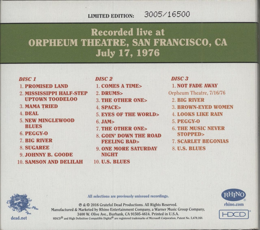 Grateful Dead Dave's Picks Volume 18: Orpheum Theatre, San Francisco, CA 7/17/76 US 4-CD album set GRD4CDA790422