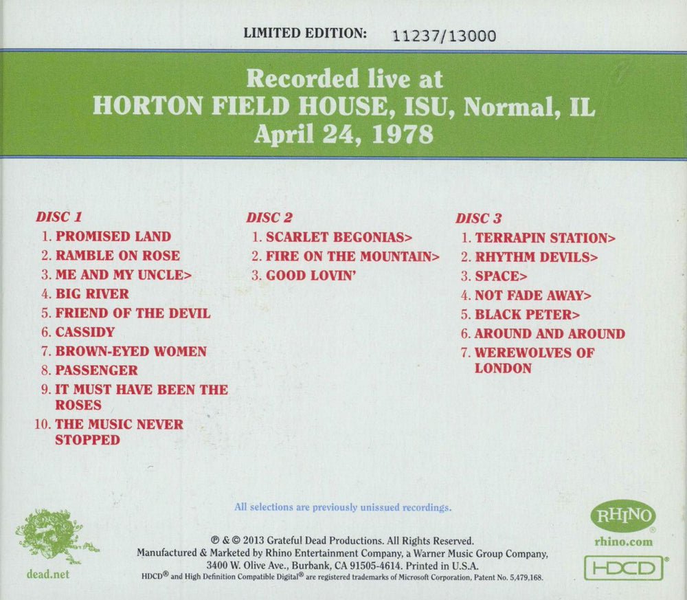 Grateful Dead Dave's Picks Volume 7: Horton Field House, Illinois State, Normal, IL 4/24/78 US 3-CD album set (Triple CD)