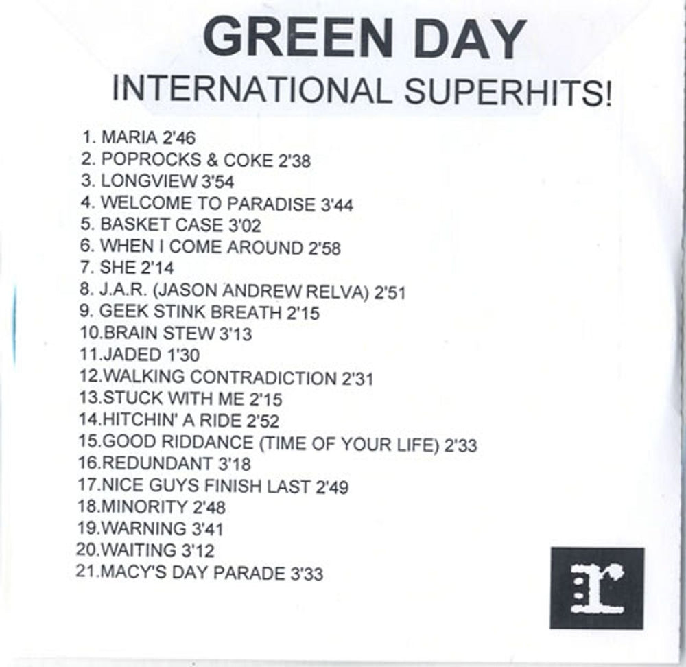 Green Day International Superhits - 21-tracks/Picture insert UK Promo CD-R acetate GRNCRIN585034