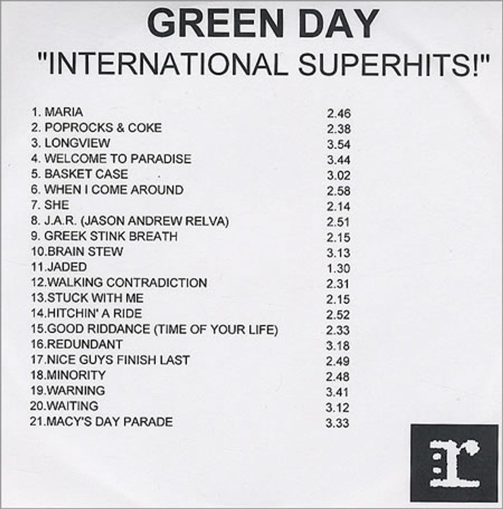 Green Day International Superhits - 21-tracks UK Promo CD-R acetate CD ACETATE