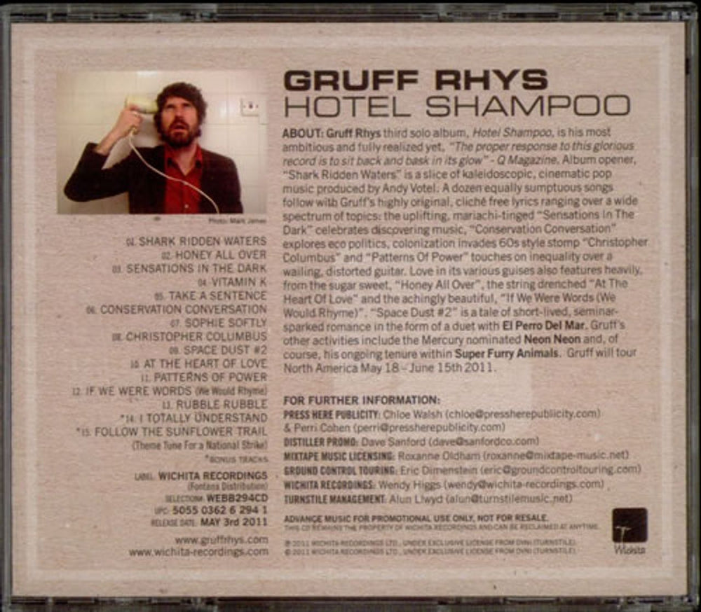 Gruff Rhys Hotel Shampoo US Promo CD album (CDLP) WEBB294CDP