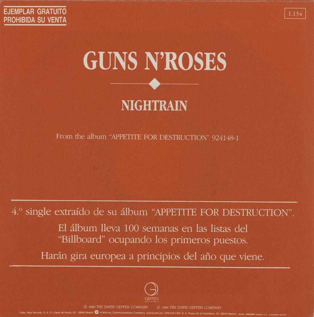 Guns N Roses Nightrain Spanish Promo 7" vinyl single (7 inch record / 45)