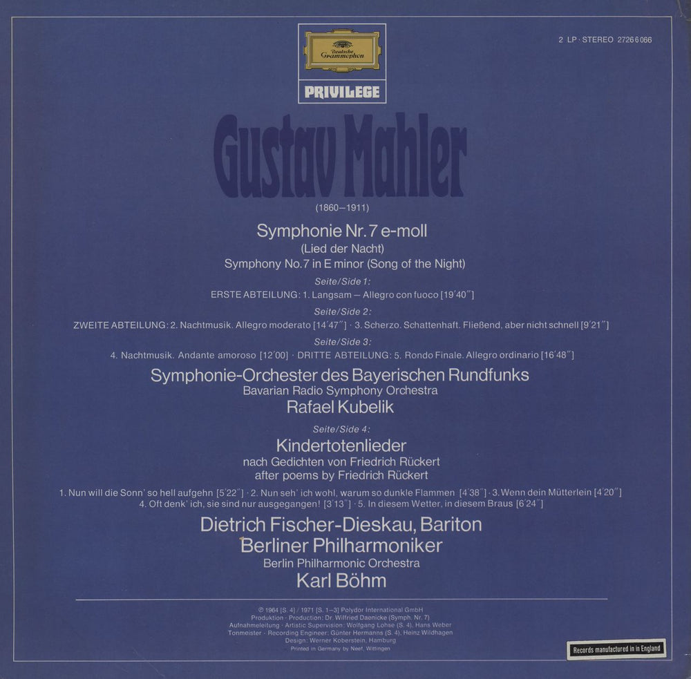 Gustav Mahler Symphonie Nr. 7/ Kindertotenlieder UK 2-LP vinyl record set (Double LP Album)