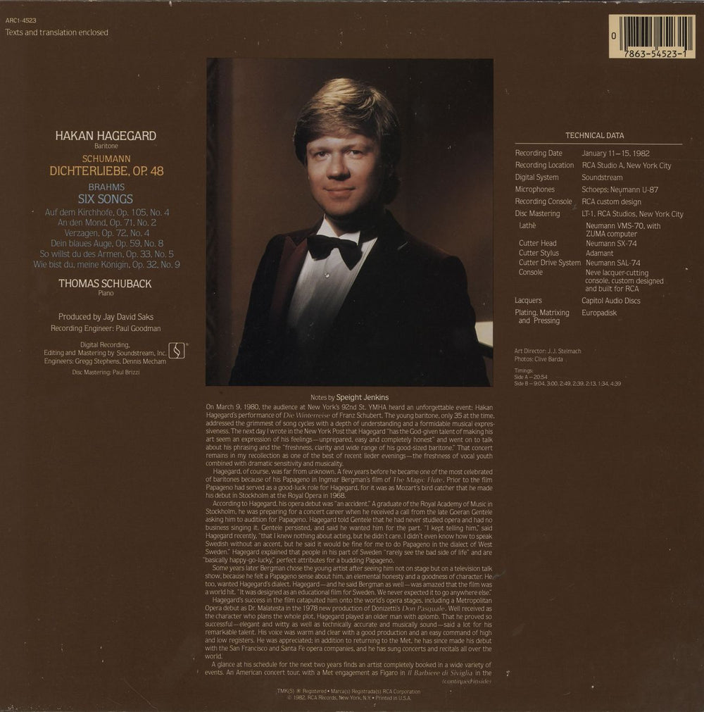 Håkan Hagegård Schumann: Dichterliebe / Brahms: Six Songs US vinyl LP album (LP record) 078635452310