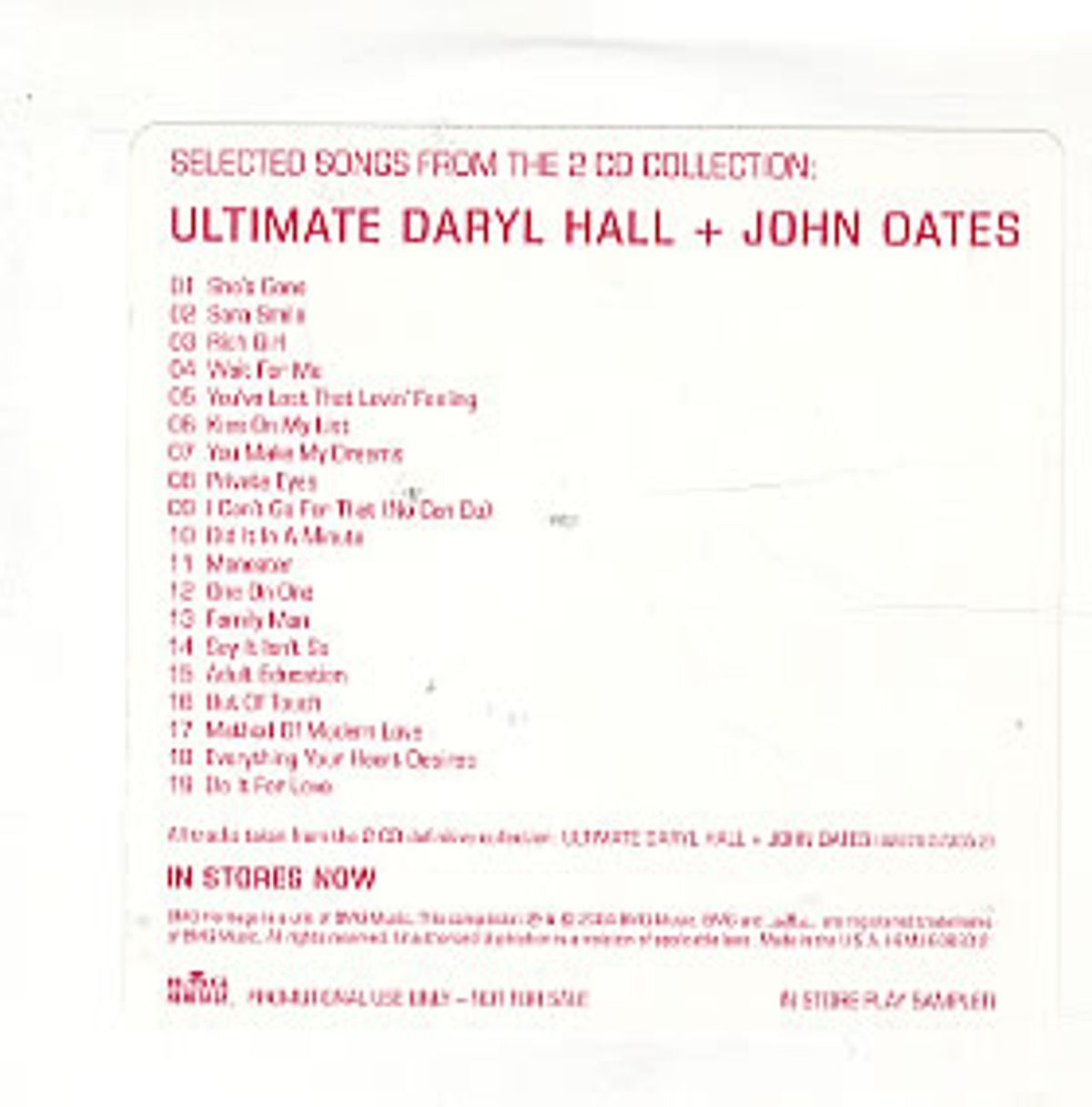 Hall & Oates Selected Songs From Ultimate Hall & Oates US Promo CD alb ...