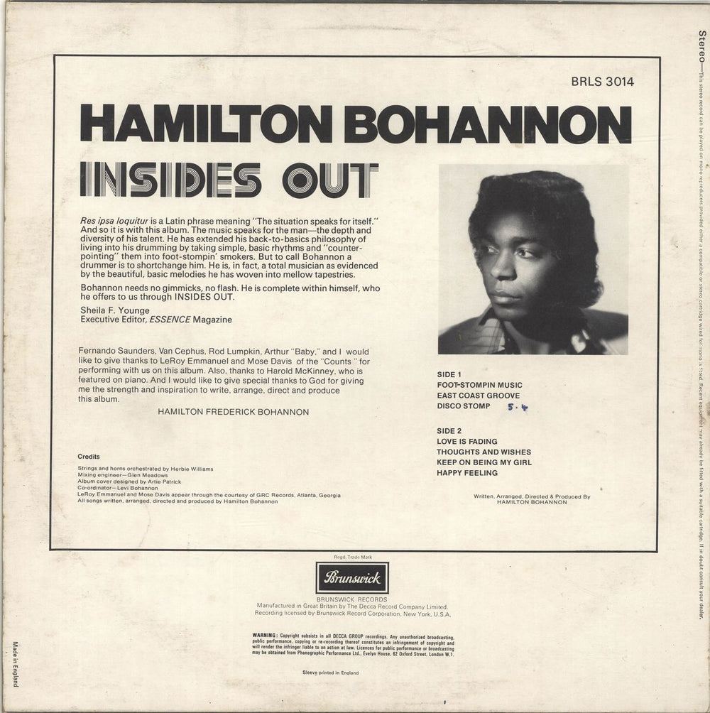 Hamilton Bohannon Insides Out UK vinyl LP album (LP record)