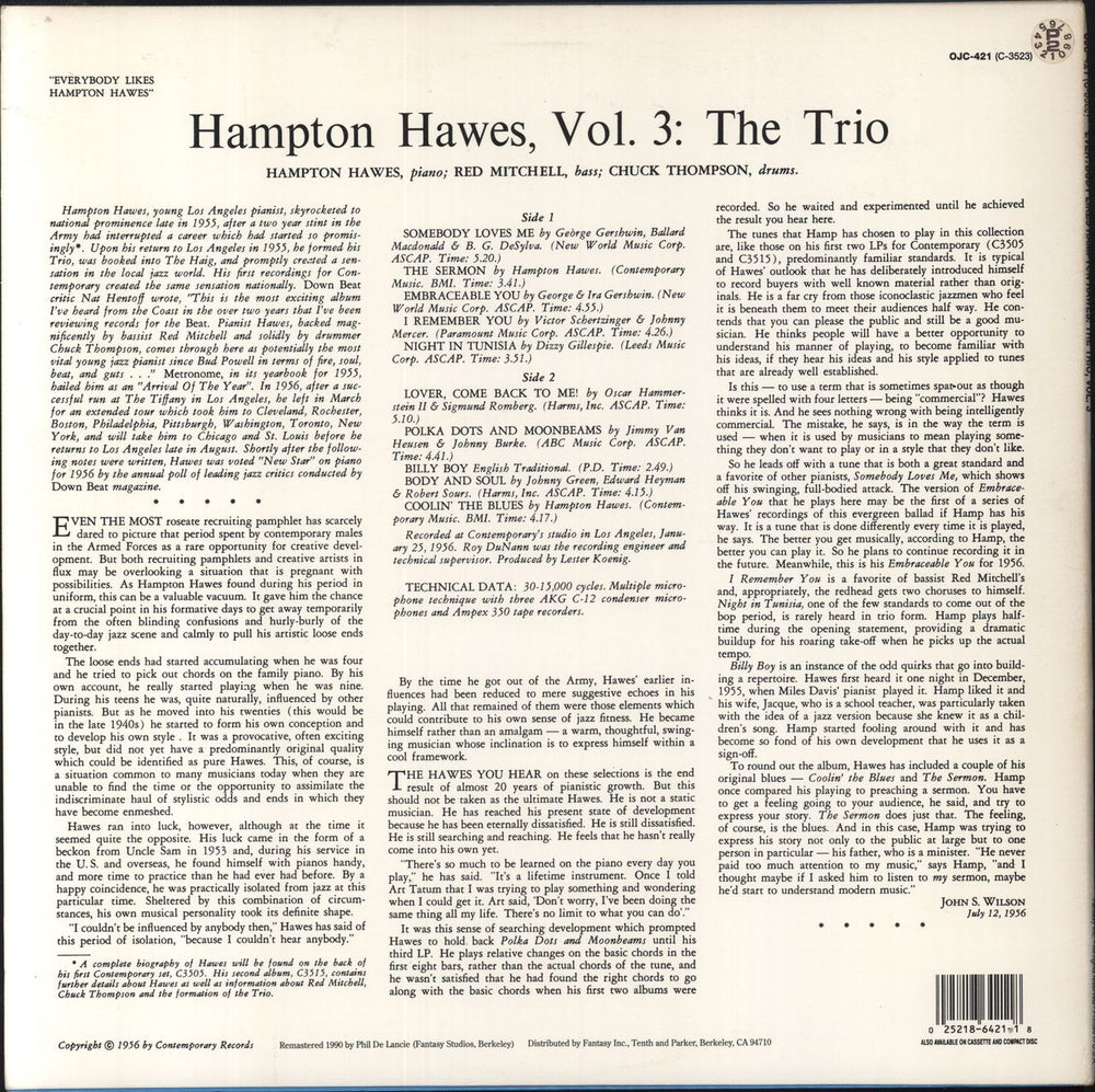 Hampton Hawes Everybody Likes Hampton Hawes Vol. 3: The Trio US vinyl LP album (LP record) 025218642118