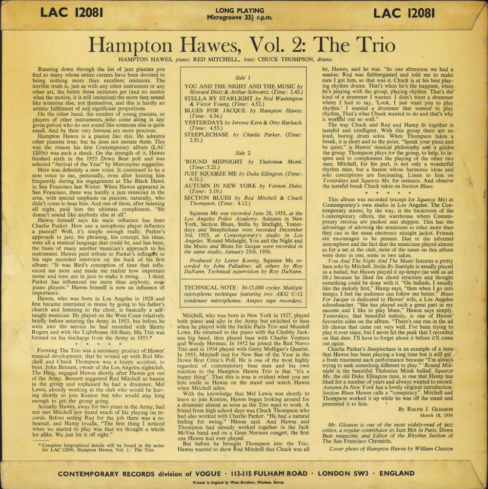 Hampton Hawes This Is Hampton Hawes UK vinyl LP album (LP record)