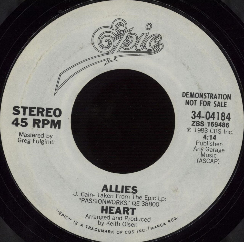 Heart Allies US Promo 7" vinyl single (7 inch record / 45) 34-04184