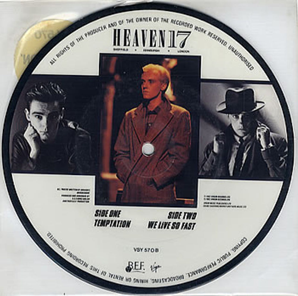 Heaven 17 Temptation - Stickered UK 7" vinyl picture disc (7 inch picture disc single) H177PTE16698