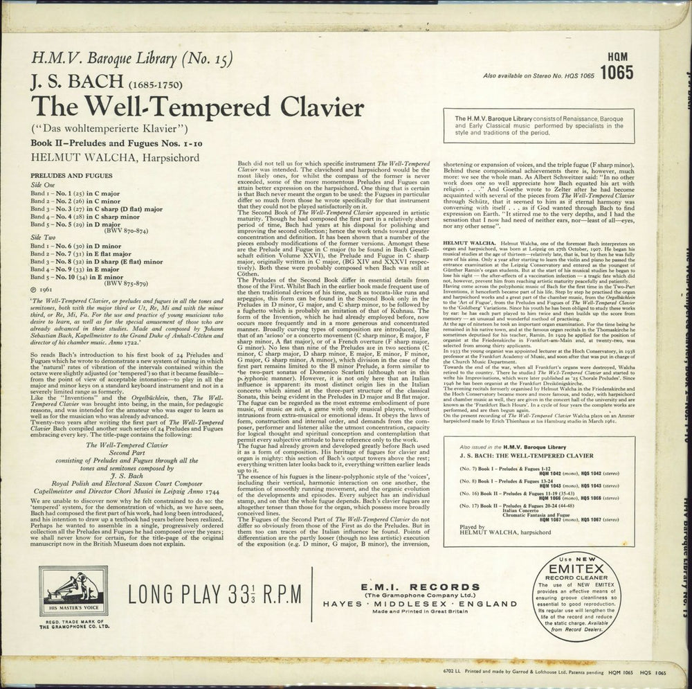 Helmut Walcha Bach: The Well Tempered Clavier, Book 2, Preludes And Fugues Nos. 1 - 10 UK vinyl LP album (LP record)