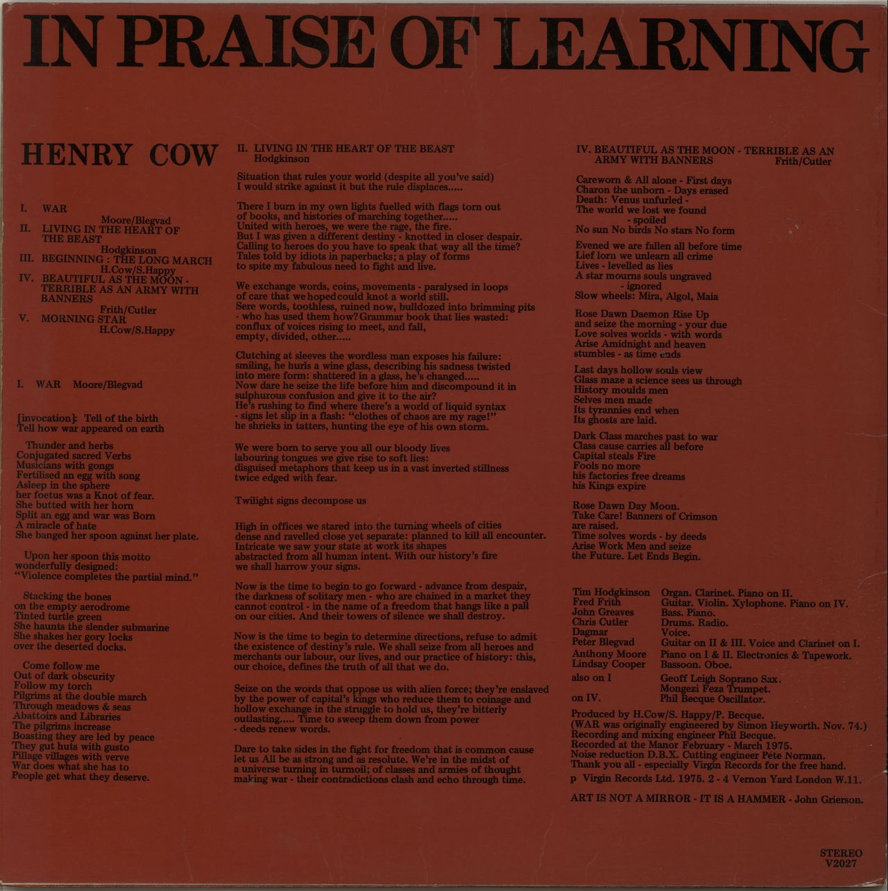 Henry Cow In Praise Of Learning UK Vinyl LP