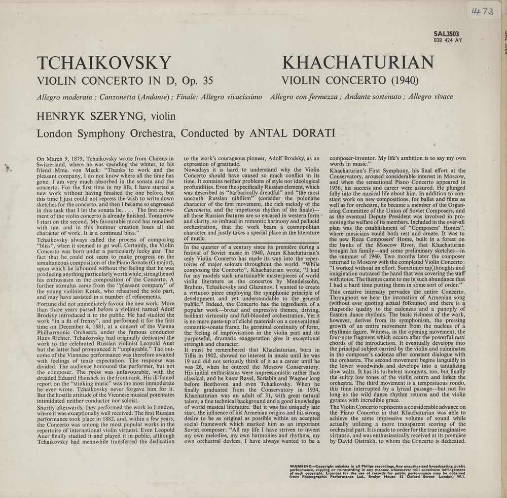 Henryk Szeryng Tchaikovsky: Violin Concerto In D/ Khachaturian: Violin Concerto UK vinyl LP album (LP record)