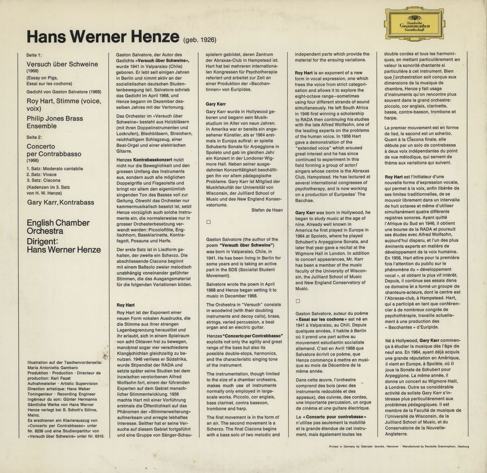 Henze Versuch Uber Schweine (Essay On Pigs) & Concerto Per Contrabbasso UK vinyl LP album (LP record)