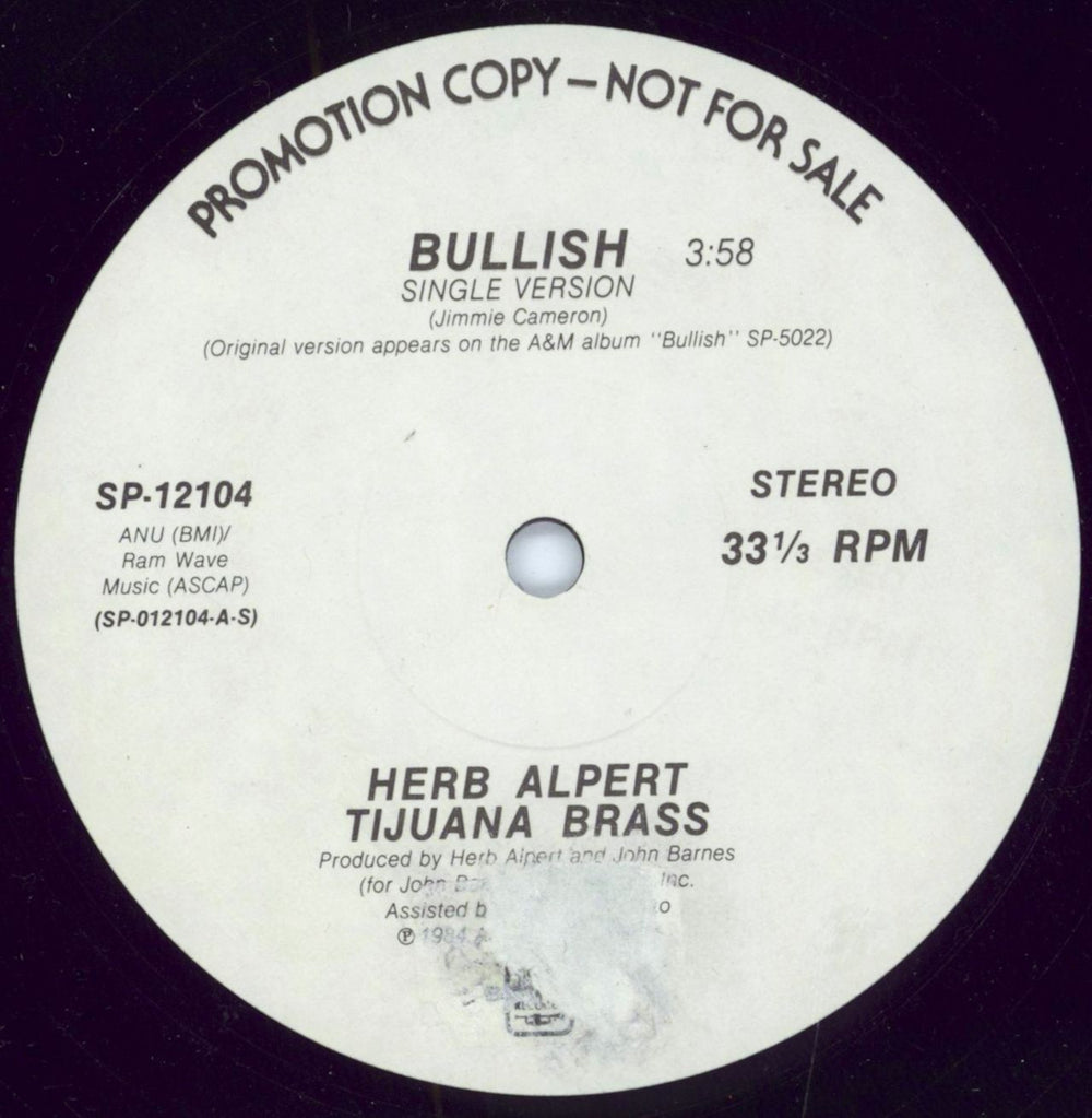 Herb Alpert Bullish - Specially Remixed Version US Promo 12" vinyl single (12 inch record / Maxi-single) SP-12104