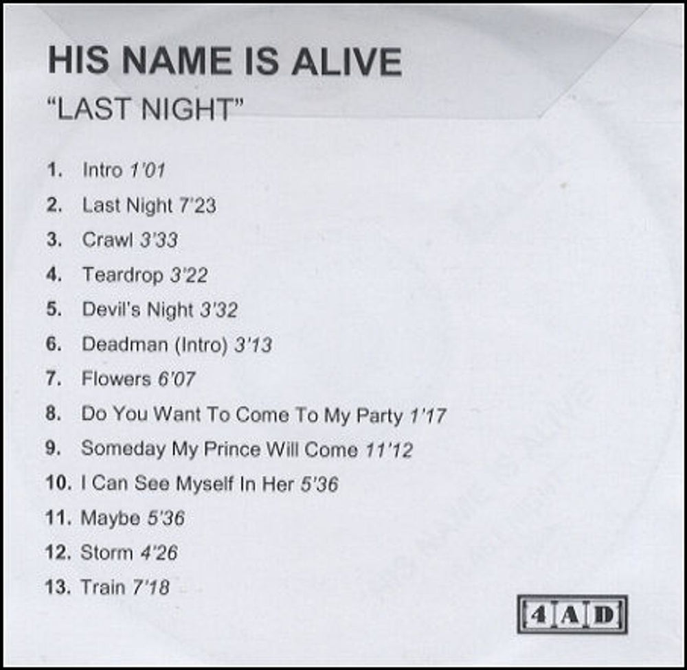 His Name Is Alive Last Night UK Promo CD-R acetate CD-R ACETATE