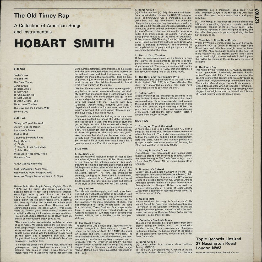 Hobart Smith The Old Timey Rap: A Collection Of American Songs & Instrumentals UK vinyl LP album (LP record)