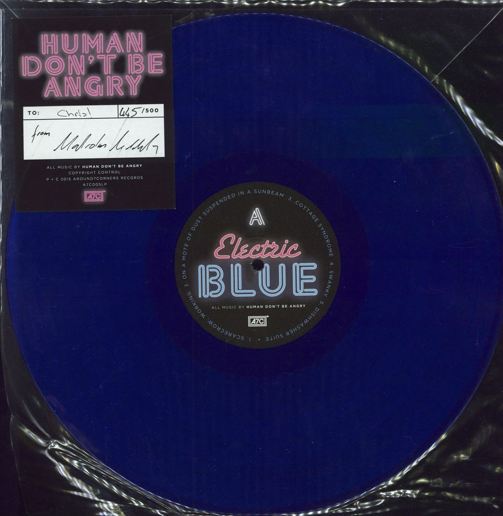 Human Don't Be Angry Electric Blue - Blue vinyl - Autographed UK Promo vinyl LP album (LP record) A7C005LP