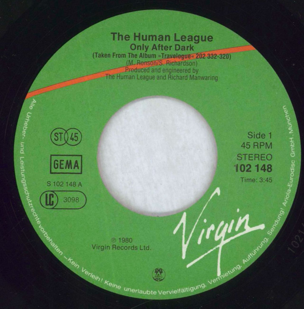 Human League Only After Dark German 7" vinyl single (7 inch record / 45) HUM07ON81457