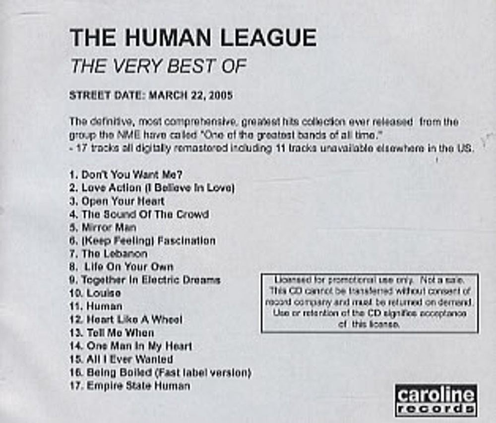 Human League The Very Best Of US Promo CD-R acetate CDR ACETATE