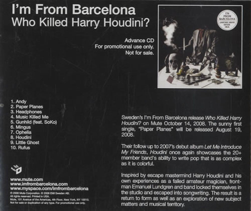 I'm From Barcelona Who Killed Harry Houdini? US Promo CD album (CDLP) MUSDJ223-2