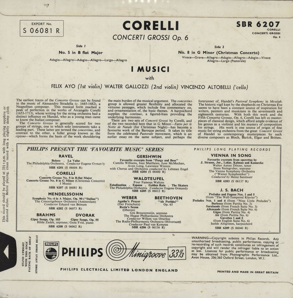 I Musici Corelli: Concerti Grossi Op. 6 UK 10" vinyl single (10 inch record)