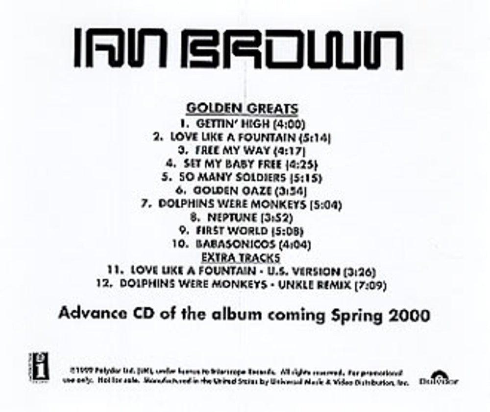 Ian Brown Golden Greats US Promo CD album (CDLP) INTF-10041-2