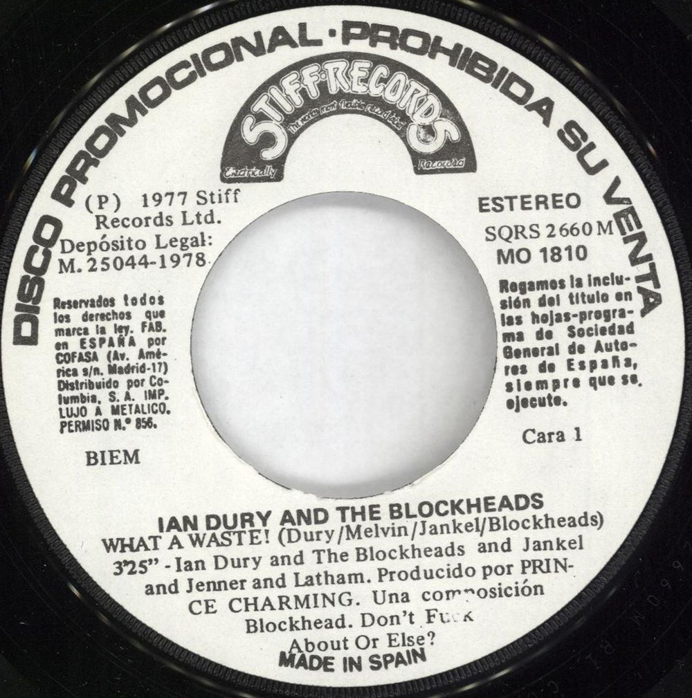 Ian Dury What A Waste Spanish Promo 7" vinyl single (7 inch record / 45) IND07WH731487