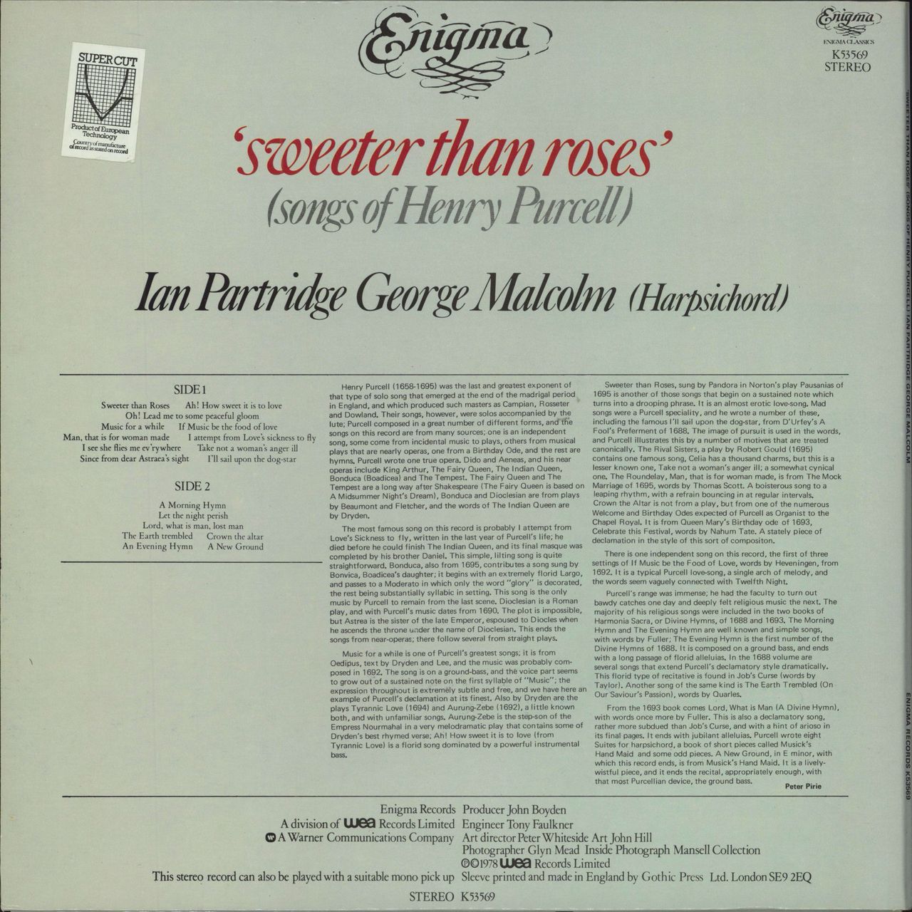 UK　Of　LP　Ian　Partridge　Roses　Sweeter　Than　(Songs　Vinyl　Henry　Purcell)　—